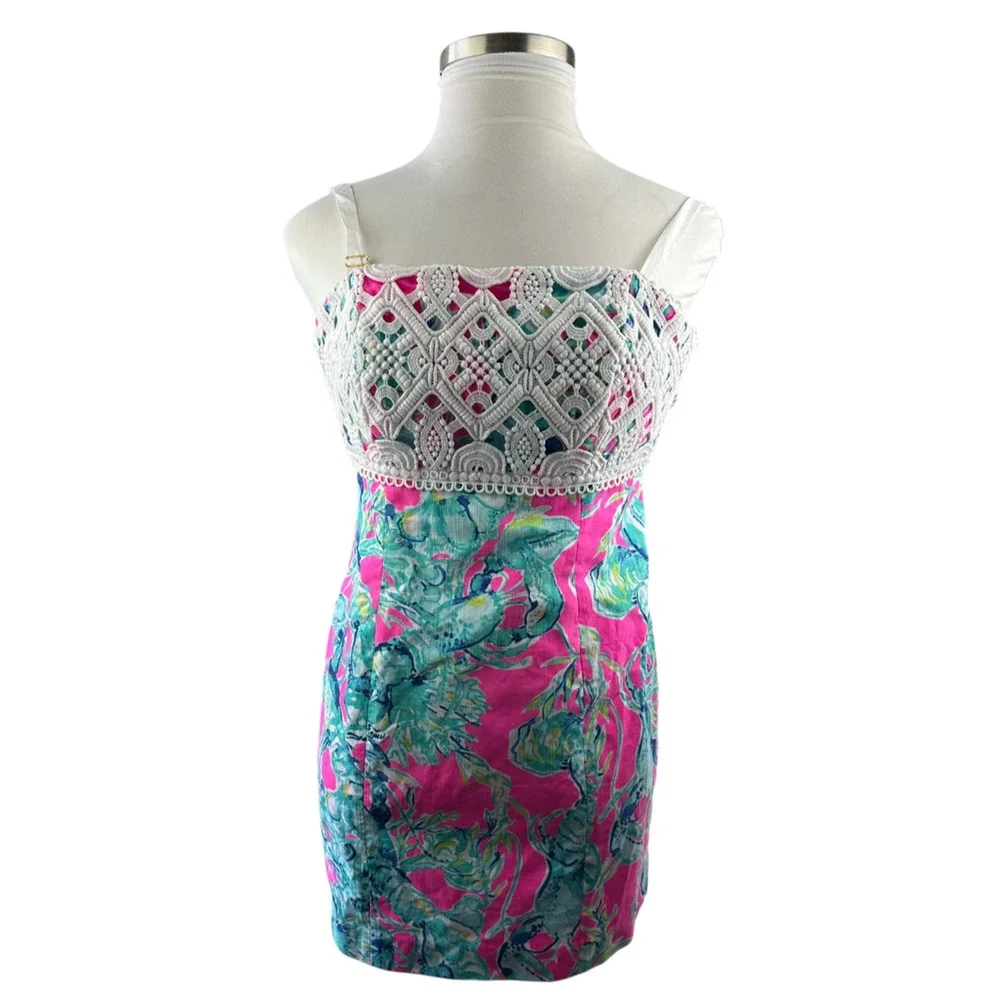 Lilly Pulitzer Brynn Strapless Dress Lobsters In Love Razz Crochet Shift Size 8 - Picture 2 of 16